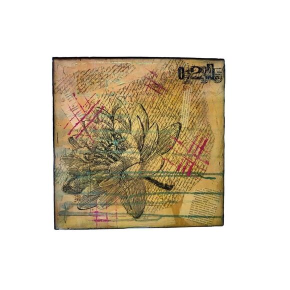 Original Mixed Media Art Flower French Quotes enameled Collage, Signed - Picture 2 of 11